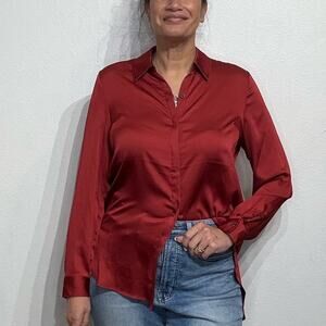 Susan Graver Burgundy Satin Oversized Long Sleeve Button Down Sz 4